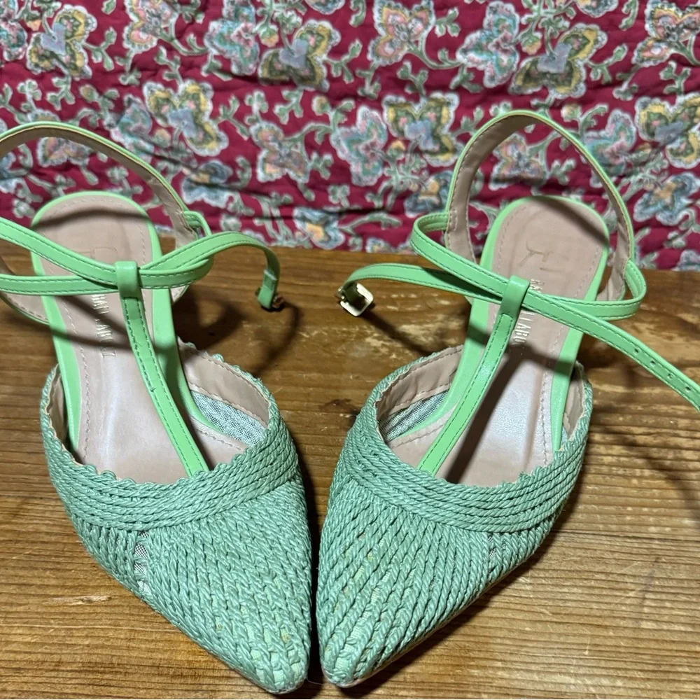 Anthropologie Mint Green Woven Pointed-Toe Block Heel Sandals - Picture 5 of 9